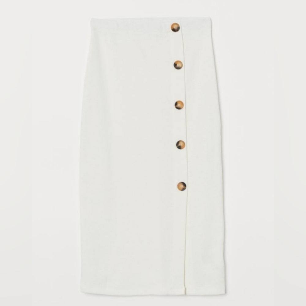 NWT H&M Paris White Pull Up Button Front Midi Skirt